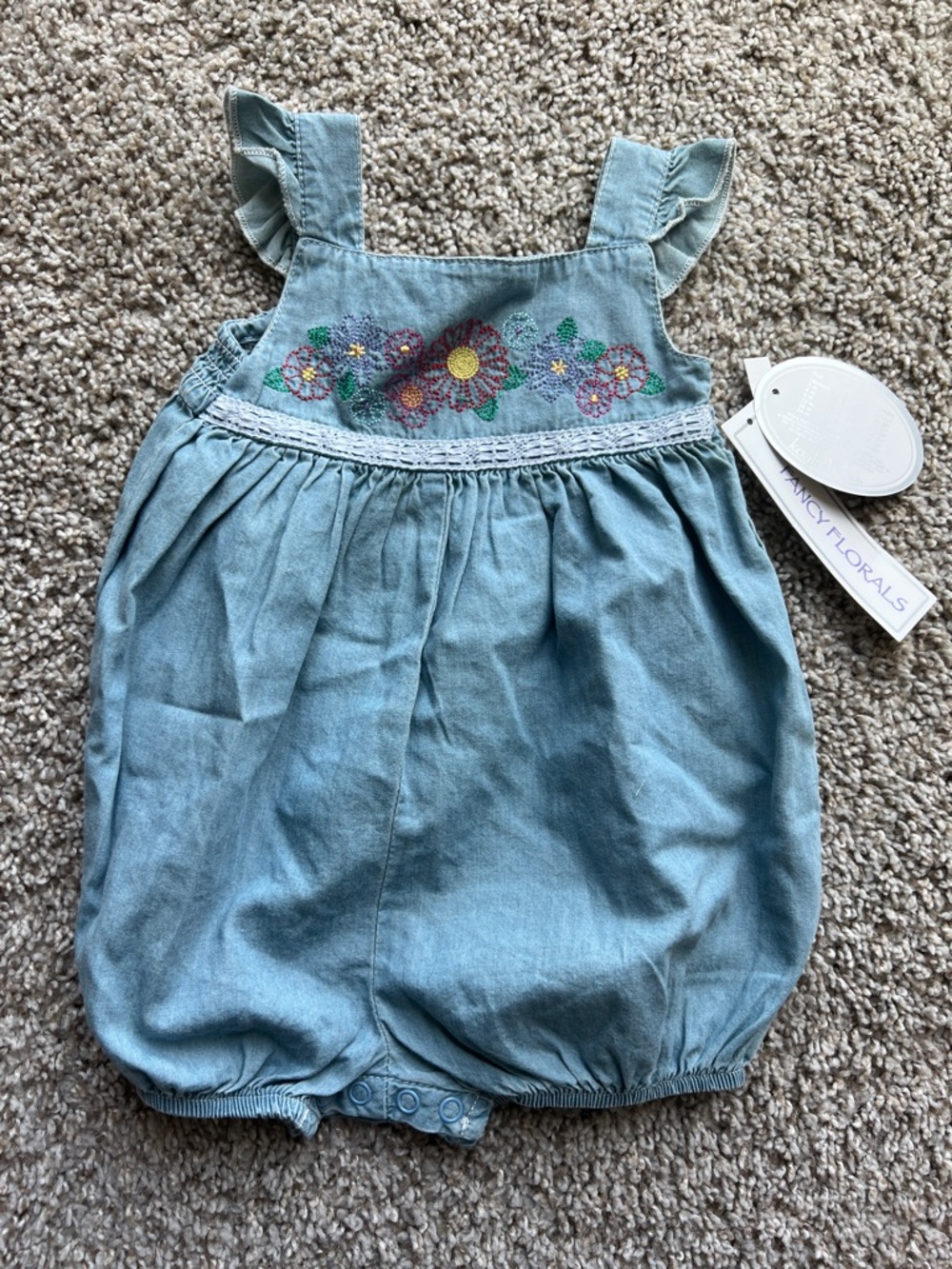 Koala Kids Light Blue Denim Romper with Multicolor Floral Embroidery